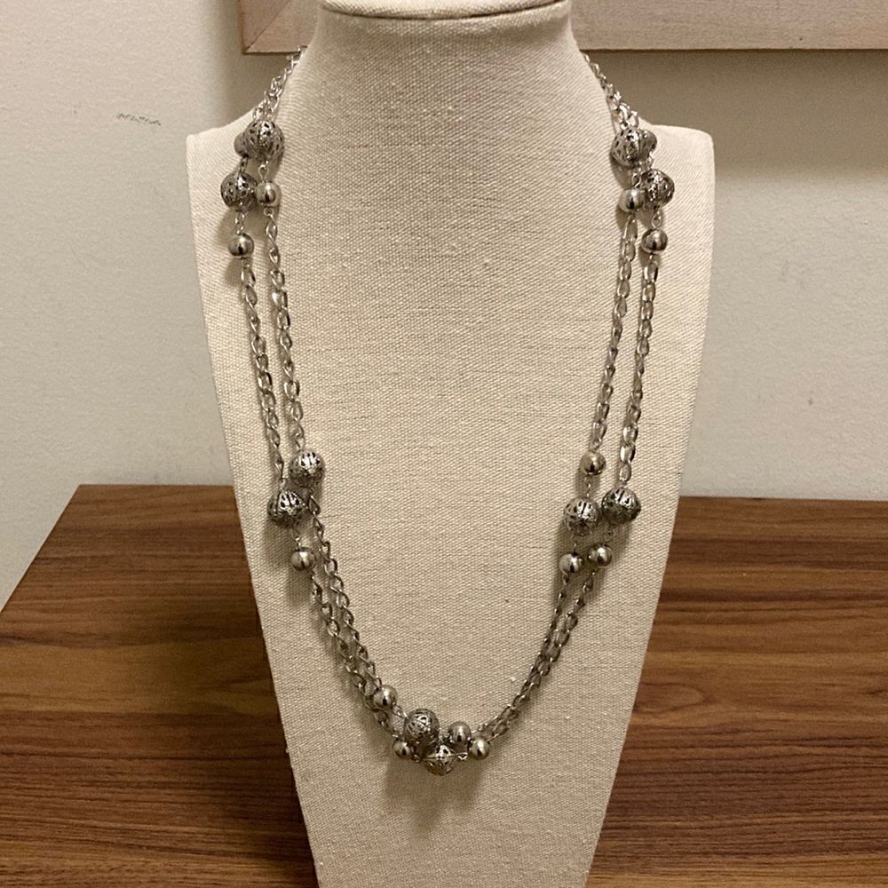 Silver tone Necklace with Double Link Chains, Spaced Solid and Filagree Beads.